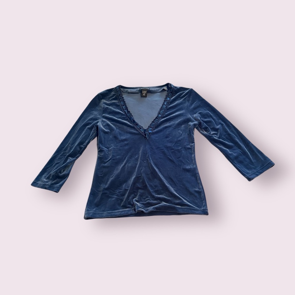 Women's MODA International Elegant Blue Velvet V-Neck Women's Top Size Medium